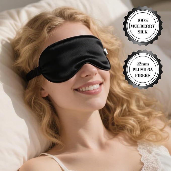 Pure 22 Momme 6A Grade Mulberry Silk Sleep Mask for Side Sleepers - 100% Blackout Eye Mask with Travel Pouch (Black)