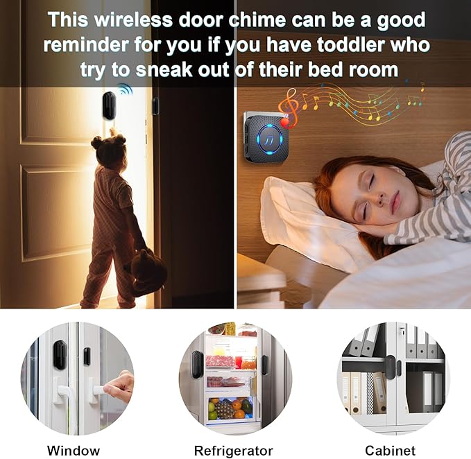 SanJie Door Sensor Chime When Door Opens, Door Entry Chime for Business/Home/Office/Store,500 FT Range,26 Chimes 5 Adjustable Volume Door Ringer Alert 2 Sensors + 1 Receivers