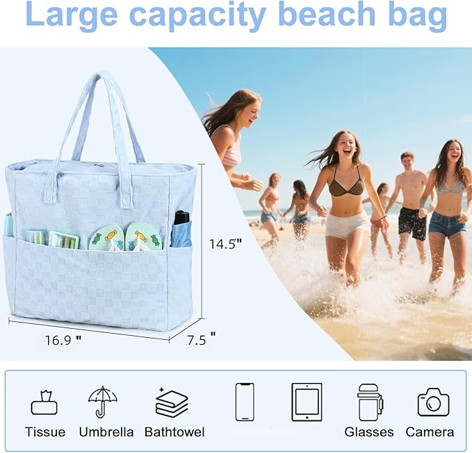 LEDAOU Large Beach Tote Bag Women Waterproof Sandproof Zipper Beach Tote Bag for Pool Gym Grocery Travel with Wet Pocket