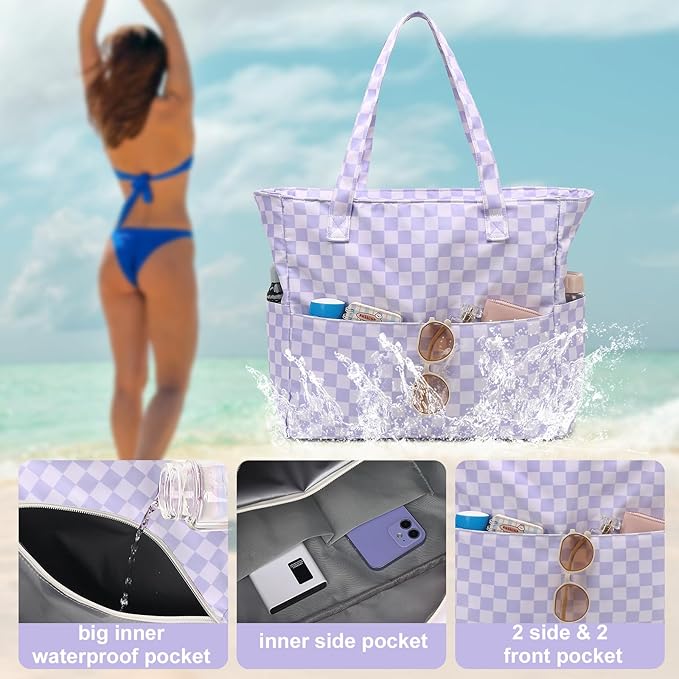 LEDAOU Large Beach Tote Bag Women Waterproof Sandproof Zipper Beach Tote Bag for Pool Gym Grocery Travel with Wet Pocket