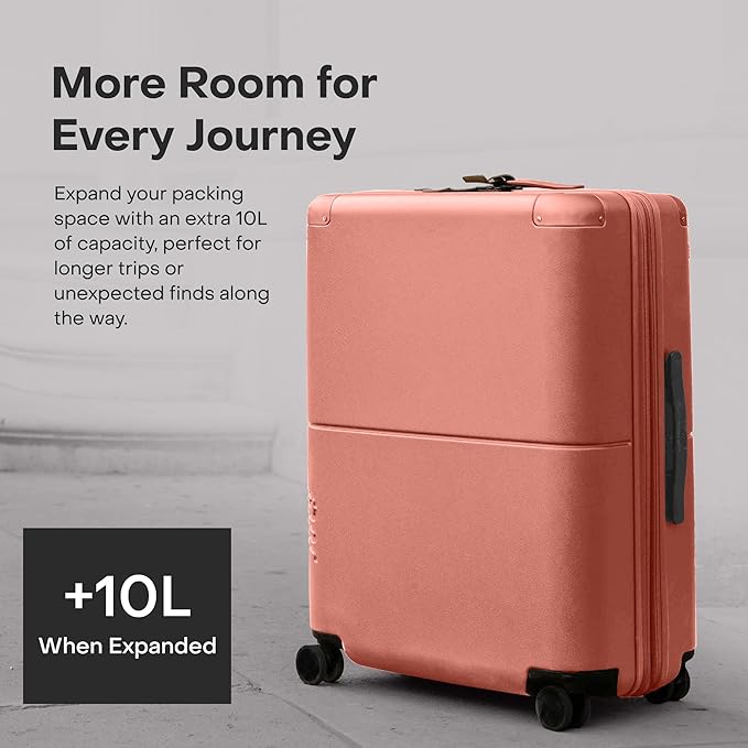 Checked Expandable - 24.5" Airline Approved Check In Luggage with Wheels, Spinner Suitcase for Men & Women - TSA Lock Rolling Suitcase, Spinner Wheels, Expansion Zip, Y-Strap - Clay