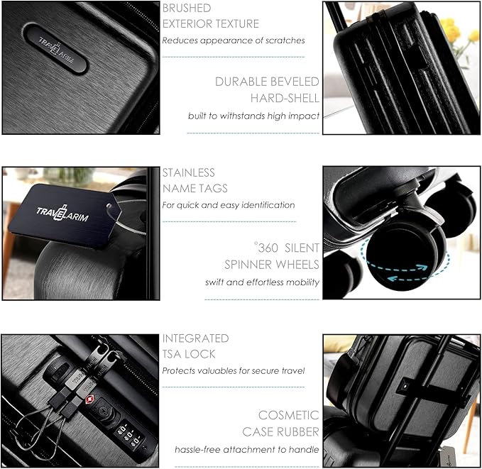 22 Inch Carry On Luggage 22x14x9 Airline Approved, Carry On Suitcase with Wheels, Hard-shell Carry-on Luggage, Durable Luggage Carry-On, Black Small Suitcase with Cosmetic Case