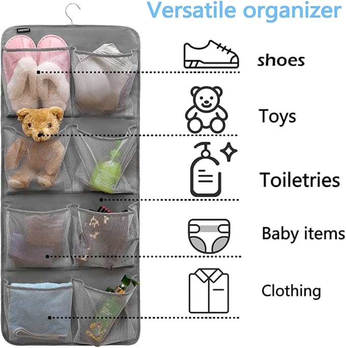 Dual-Sided Hanging Closet Organizer for Socks Underwear Bra Kids Storage Organizer for Baby Clothes Toddler Shoes with 26 Pockets (Grey-Mesh Pockets)