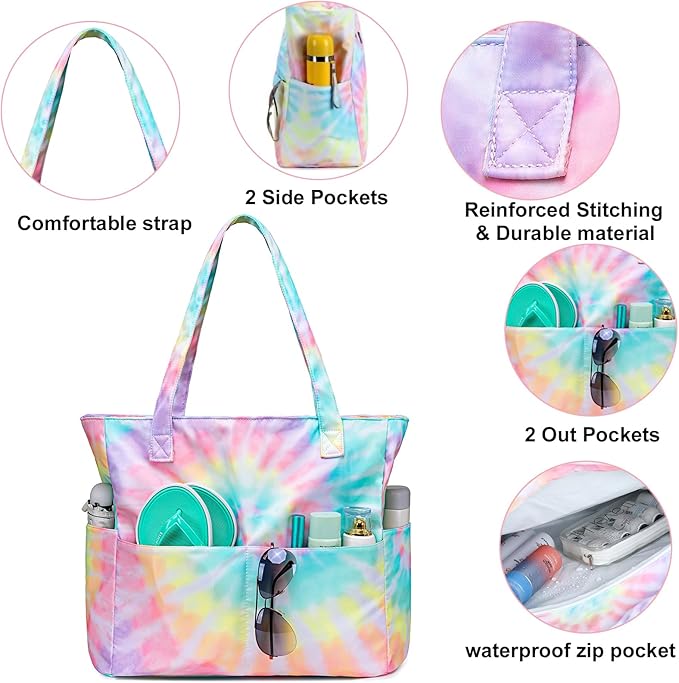 CAMTOP Waterproof Beach Tote Bag for Women Girls with Zipper Foldable Sandproof Pool Swim Bag Travel Carry On Gym