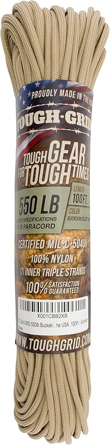 TOUGH-GRID 550 Paracord Rope Nylon Parachute Cord, Made in USA Survival Kit, Outdoor Adventures, Camping, Tactical Gear & Emergency Supplies, Military Type III Mil-Spec