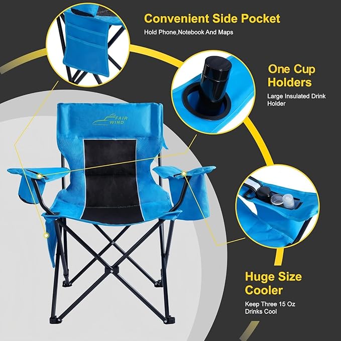 FAIR WIND Oversized Padded Camping Chair with Footrest Stool Heavy Duty Cooler Bag Chair for Fishing, Tailgating, Sports Games, Backyard - Support 300 LBS Blue