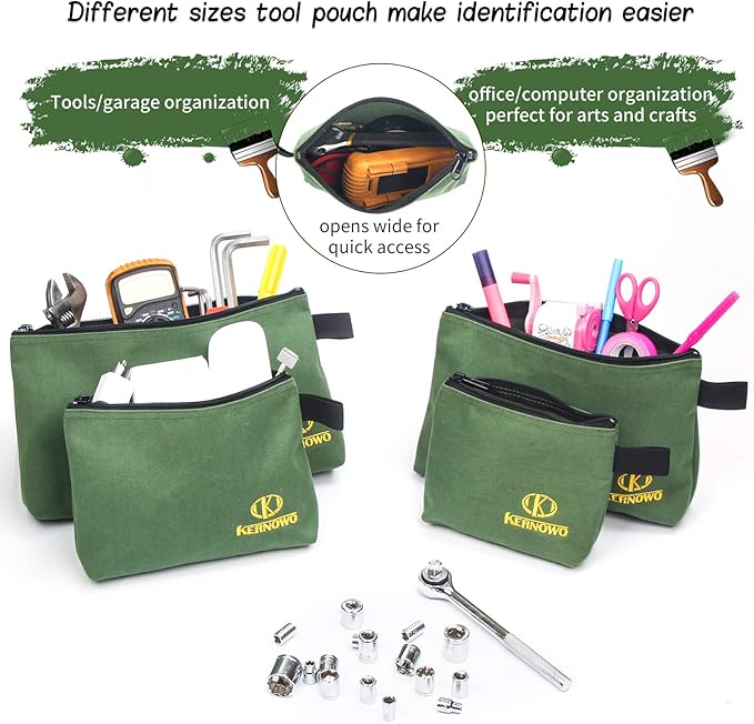 4 Pcs Upgrade Canvas Zipper Tool Pouch, 20 oz Heavy Duty Tool Bag, Water Resistant Utility tools Organizer, 7.5/9.5/11.5/13 inch Spacious Storage Pouches with Dependable YKK Nylon Zippers by KERNOWO