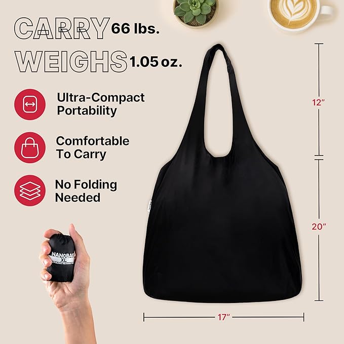 Nanobag Ultra-Lightweight Heavy Duty Foldable Tote for Women & Men, Reusable Grocery & Travel Bag, Packable Collapsible Compact Market Essential (XL Grove)