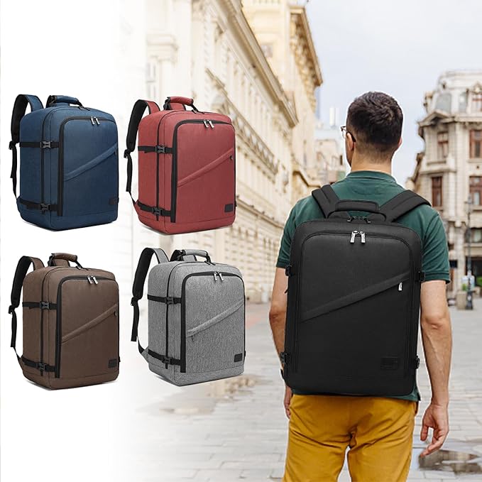 Kono Carry on Backpack, 18" Airplane Approved Under Seat Travel Backpack for Men and Women, Waterproof Lightweight Daypack for Flight 30L (Black, Medium)