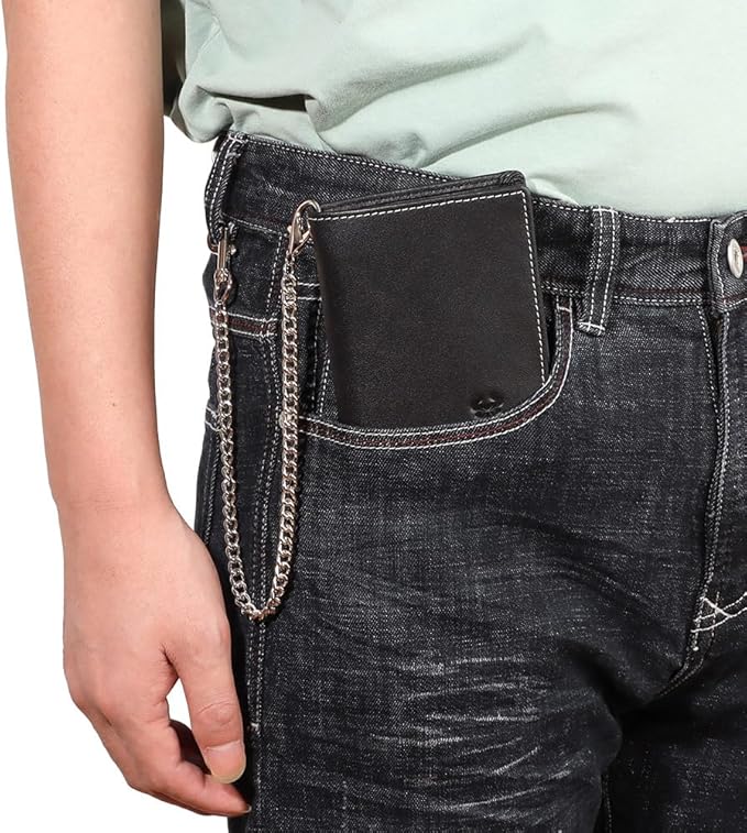 Holder for AirTag Men's Wallet Genuine Leather Purse RFID Blocking Bifold with Anti-Theft Chain,Black with Gift Box (BLACK)