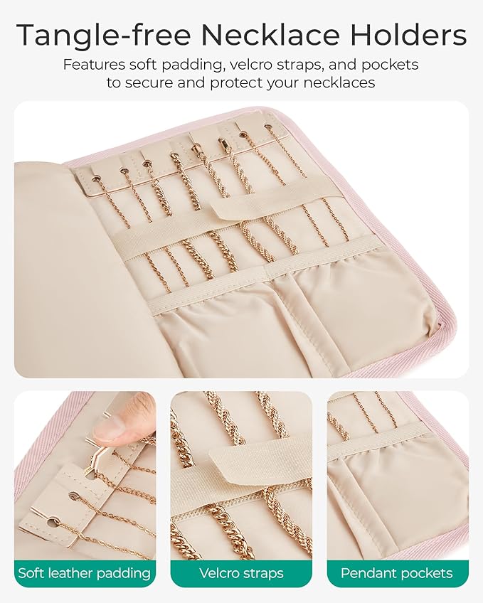 BAGSMART Travel Jewelry Organizer Case, Foldable Jewelry Roll for Necklaces, Earrings, Journey-Rings, Bracelets, Brooches, Portable, Beige