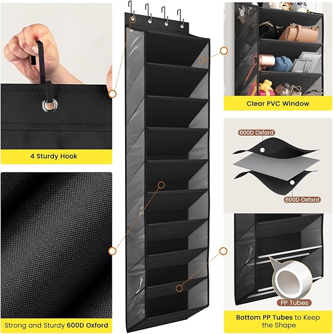 Over the Door Shoe Organizer for Closet, Shoes Rack with 10 Tier PVC Window Deep Pockets, Hanging Shoe Organizers for Boot Storage, Behind the Door Narrow Shoe Holder for Small Shoes, Black
