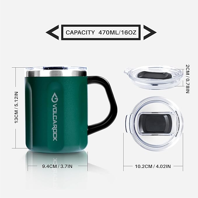 16 Oz Coffee Mug with Handle and Lid, BPA Free Coffee Cup, Keep Cold 6 Hours and Keep Warm 5 Hours, Great Tea Mug for Home Offie and Outdoor Use (Deep Green)