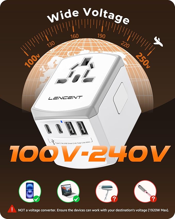 LENCENT Universal Travel Power Adapter, International AC Plug Adaptor with 2 USB C 2 USB A Ports Wall Charger Worldwide Travel Essentials for US to EU UK Ireland Australia (Type C/G/A/I), White
