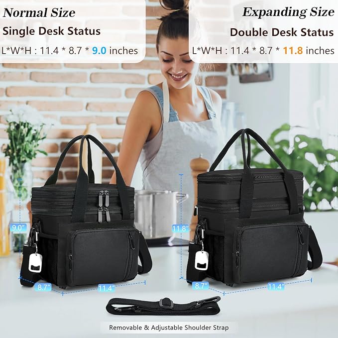 LOKASS Insulated Lunch Box Women & Men Large Adult LunchBag Double-Layer Reusable Lunch Bags Leak-Proof Tote Cooler Bag for Work Picnic Outdoors 16L, Black