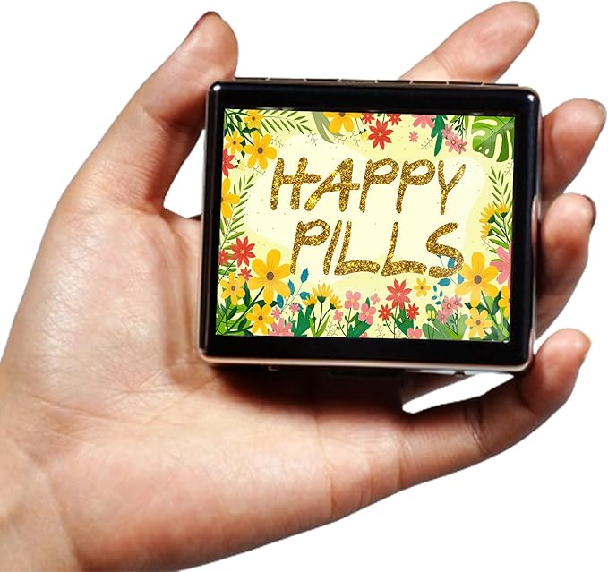 Silver Vintage Pill Box 7 Day Metal Pill Box with Mirror and 8 Compartments Cute Travel Pill Organizer for Purse (Happy Pills)