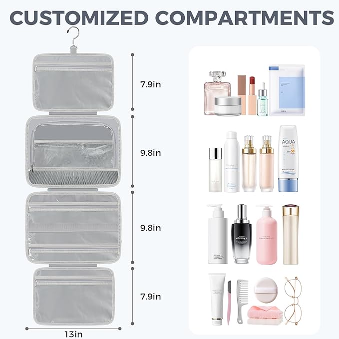 Toiletry Bag For women,Portable Hanging Organizer,4 Leakproof Compartment for full-sized Conditioner, Brushes Set, Makeup Accessories,Visible and easy to access.L-blue