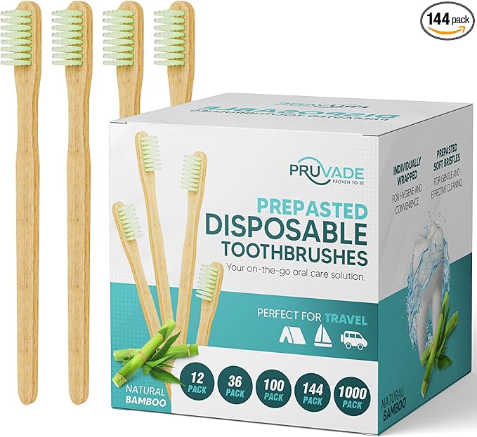 144 Pack Disposable Bamboo Toothbrushes with Toothpaste Built in - Prepasted Toothbrushes Individually Wrapped - Single Use Waterless Tooth Brush with Soft Bristles for Work, Camping, Travel