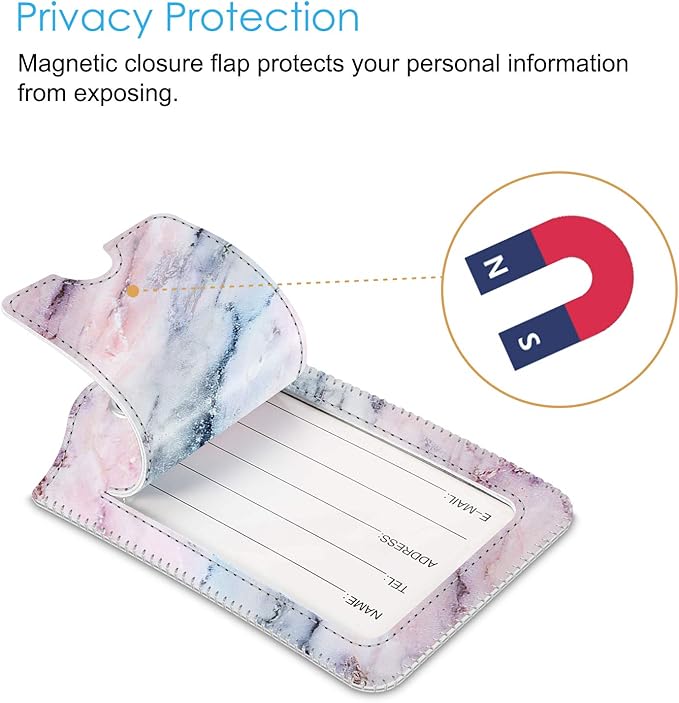 Fintie Luggage Tags, Privacy Cover ID Label with Stainless Steel Loop and Address Card for Travel Bag Suitcase - Marble Pink (2 Piece)