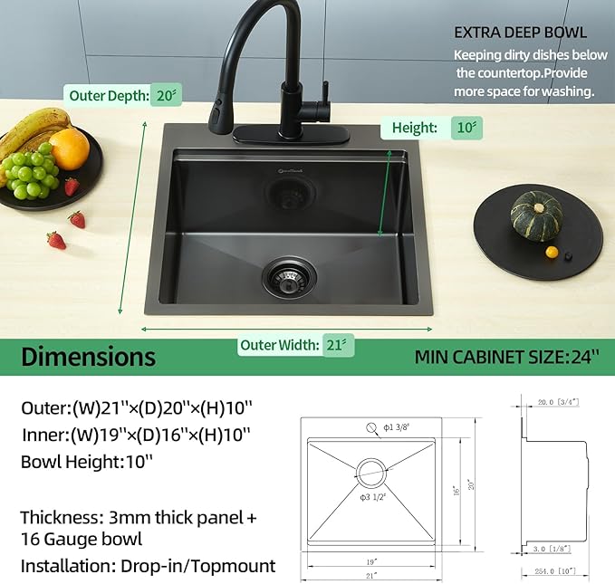 21 x 20 x 10 Drop-in Kitchen Sink - 16 Gauge Gunmetal Black Stainless Steel Workstation Single Bowl With Cutting Board