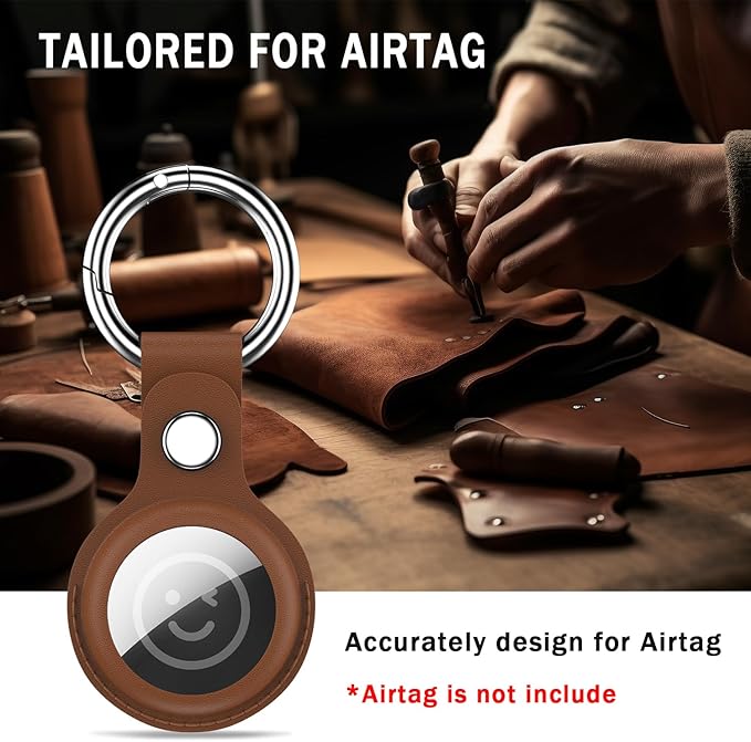 RFUNGUANGO 4-Piece Airtag Leather Case for Apple Air Tab Cover Airtag Key Holster - with 4 Front Screen Protectors, 4 Back Protectors, Black/Brown/Blue/Red