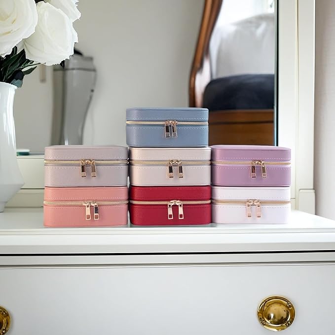 Small Jewelry Travel Case For Womens Small Rectangle PU Leather Jewelry Box With Zipper 2.56" H Portable Travel Jewelry Case For Earring Rings Necklaces Bracelets Blue Jewelry Gifts Box