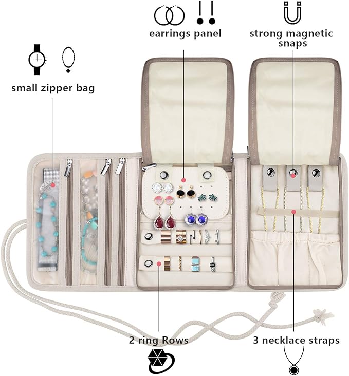 Teamoy Travel Jewelry Roll, Jewelry Storage Bag Organizer for Necklaces, Earrings, Bracelets, Rings, Brooches and More, Compact and Easy to Carry, Peony