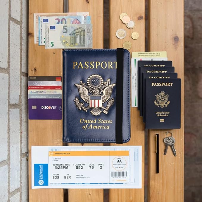 Passport Holder for Travel Passport Cover for Men Passport Wallet Case With 3D Metal Badge Protector Leather Card Case RFID Blocking Women Travel Accessories Document Organizer (Navy Blue)