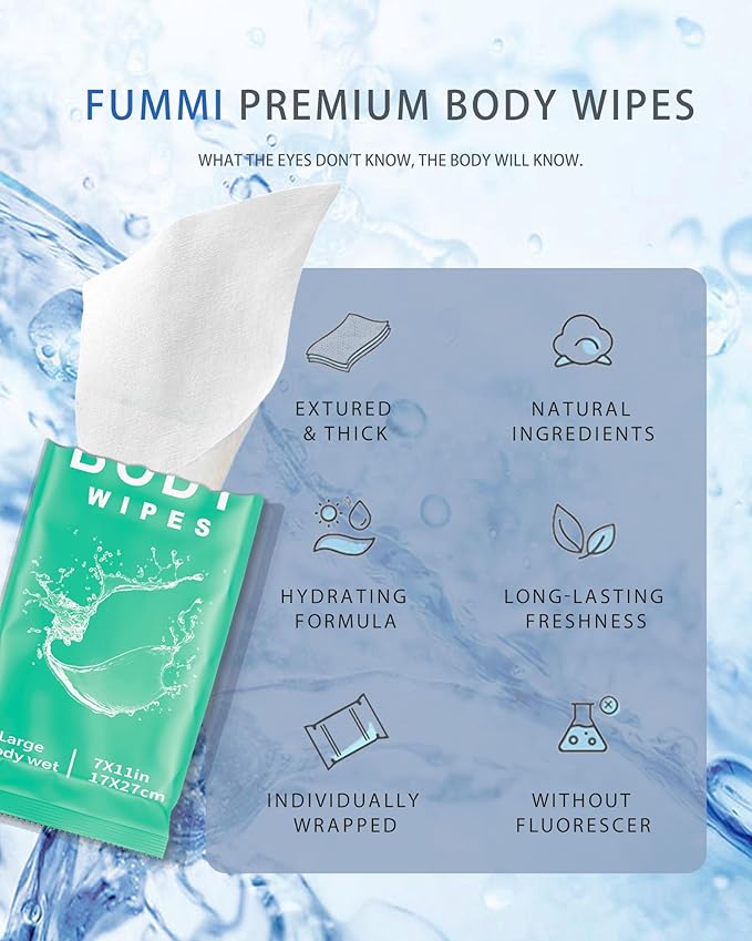 FUMMI 300 Pack Body Wipes – Large Individually Packaged Bath Wipes for Adults, Travel, Gym, Camping, Elderly, Bedridden – No Rinse Bath Wipes, Moisturizing & Refreshing Clean