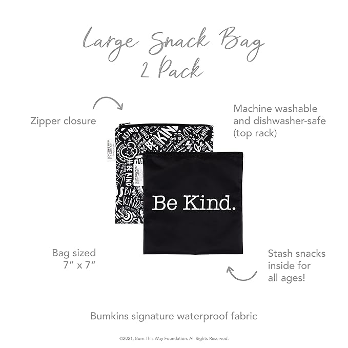 Bumkins Reusable Sandwich and Snack Bags, for Kids School Lunch and for Adults Portion, Washable Fabric, Waterproof Cloth Zip Bag, Travel Pouch, Food-Safe Storage, Large 2-pk Born This Way Be Kind