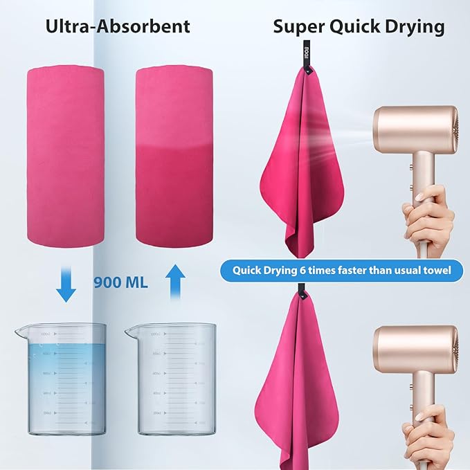 BOGI Microfiber Travel Sports Towel-Quick Dry Towel, Soft Lightweight Microfiber Camping Towel Absorbent Compact Travel Towel for Camping Gym Yoga Swimming Backpacking (XL:72''x32''+16''x16''-Hpink)