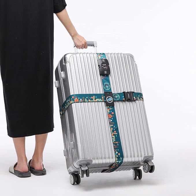 Travelkin Luggage Straps TSA Approved - Adjustable Cross Suitcase Straps with TSA Lock, Reinforced Buckle, Unique Pattern - Secure Heavy Duty Luggage Straps for Travel (Green)