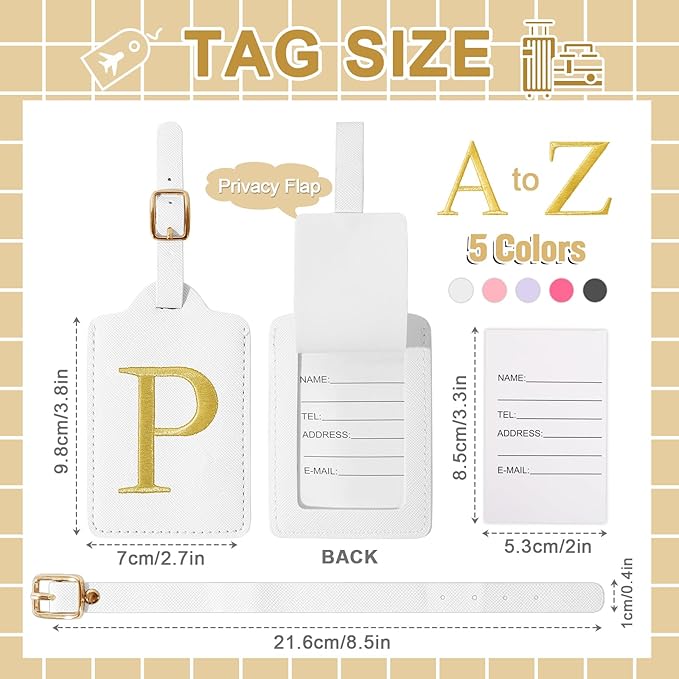 Personalized Initial Luggage Tags for Suitcase TSA Approved, White Leather Cute Luggage Tag with Privacy Cover Name Card, Embroidered Custom Luggage Tags Travel Baggage Tags Gifts for Women Kids(P)