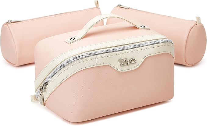 BOYATU Travel Makeup Bag Organizer Cosmetic Bag: 3 Pcs Set Make up Bags for Women with Handle - Waterproof Vegan Leather Toiletry Bags with Comparments (D-04-Pink)