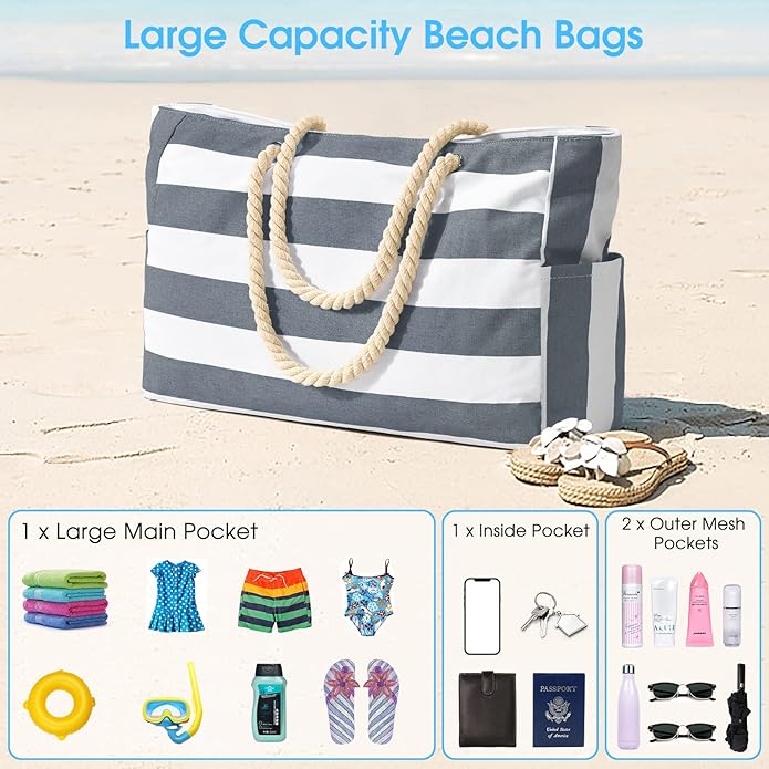 Becokan Beach Bag Large Beach Tote Bag for Women Waterproof Sandproof Swim Pool Bag With Zipper
