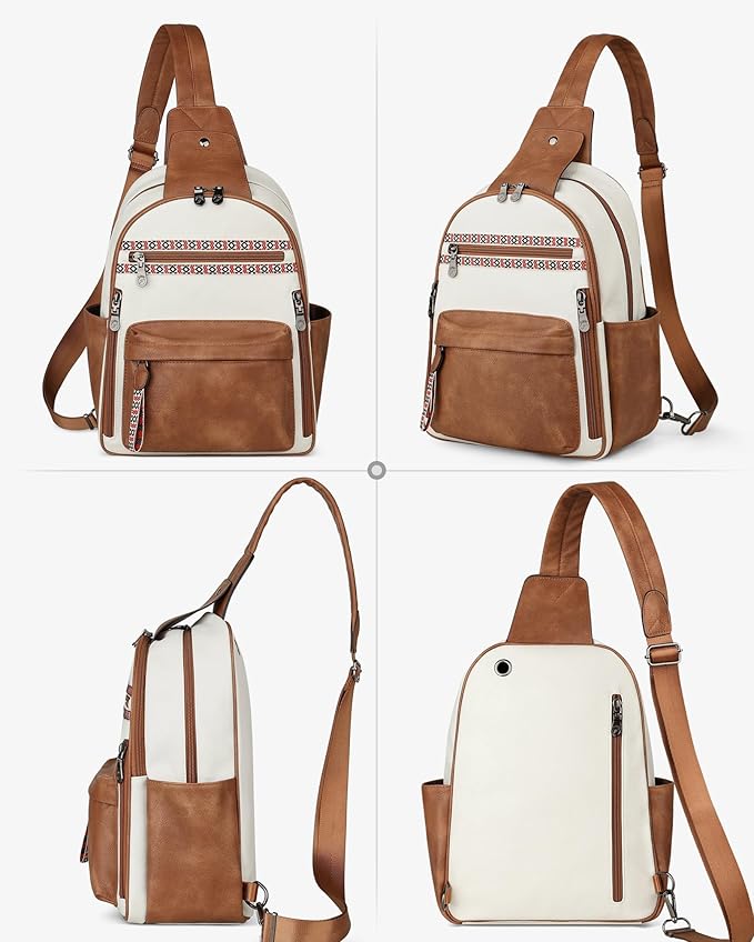 FADEON Large Sling Bag for Women, Leather Crossbody Purse Designer Anti Theft Sling Backpack, RFID Fanny Packs for Travel