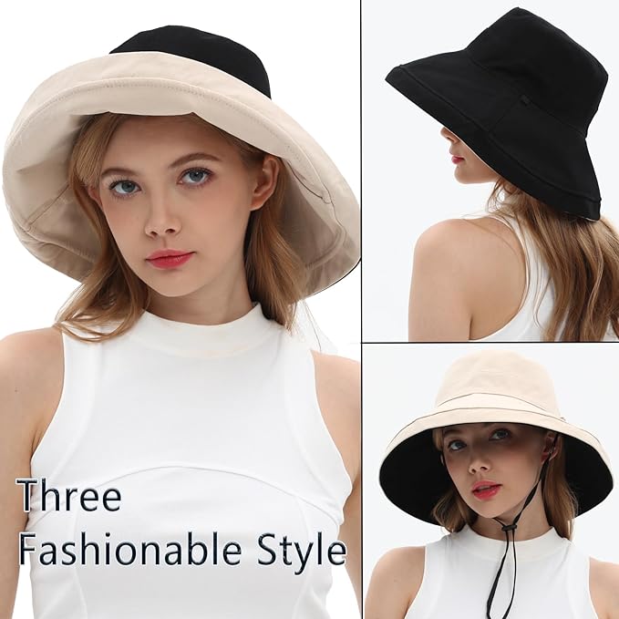 vidsel Womens Sun Hats Wide Brim Reversible Bucket Cotton Hat Packable Summer Travel Cap with Hat Clip,UV Protection