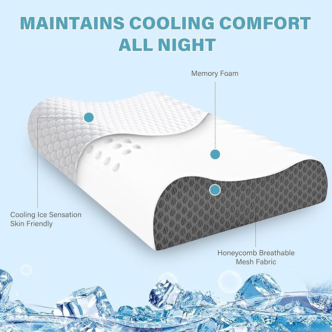 2 Pack Memory Foam Cooling Bed Pillows for Sleeping, Ergonomic Cervical Pillow for Neck and Shoulder Pain Relief, Adjustable Cold Pillow Set of 2,with Pillowcase（Grey）