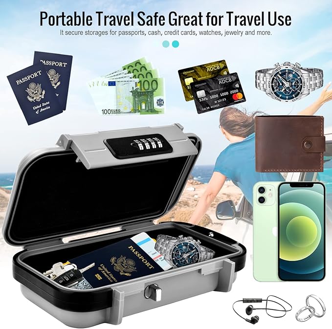 HUANLANG Portable Safe Lock Box with Combination Lock Mini Beach Travel Safe Waterproof Small Lockable Box with Removable Wire Rope Combination Safe Box for Dorm,Travel,Beach,Hotel,Car,Home,Office