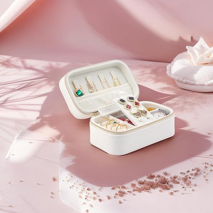 Small Jewelry Travel Case For Womens Small Rectangle PU Leather Jewelry Box With Zipper 2.56" H Portable Travel Jewelry Case For Big Earring Rings Necklaces Bracelets White Jewelry Gifts Box