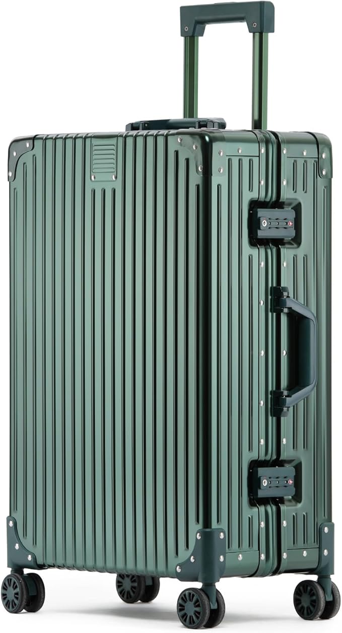 Metal All Aluminum Carry-on Luggage TSA Customs Lock Zipperless Silent Rotary Wheel Business Suitcase Aluminum Frame Set (dark green, 24 '')