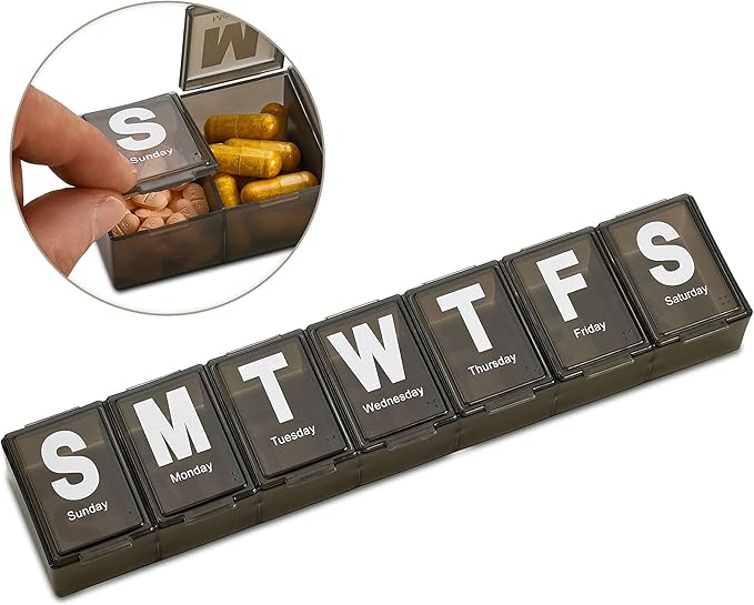 Weekly Pill Organizer - Extra Large with Easy to Read Jumbo Letters Vitamin Container, BPA Free - Daily Travel 7 Day Medication Pill Box Case, (Black)