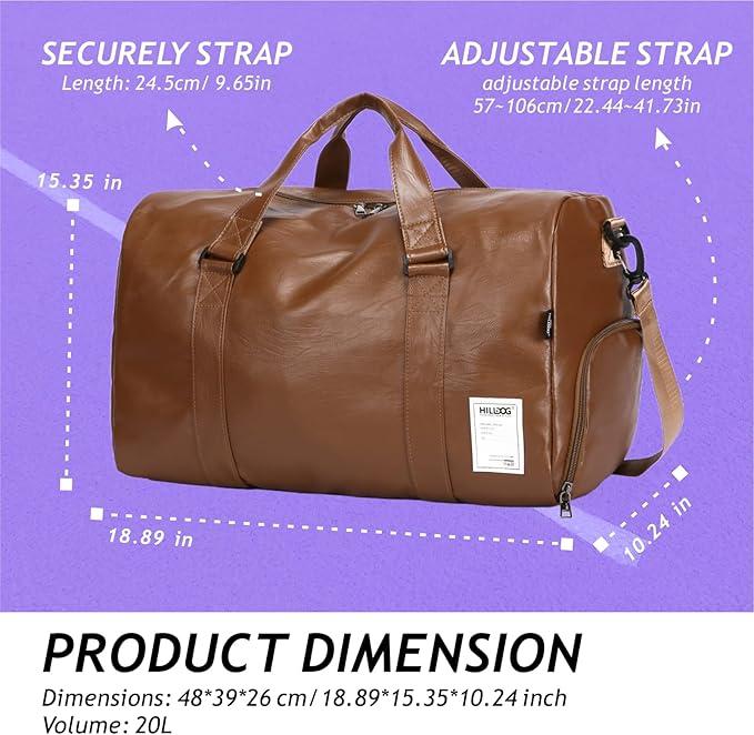 Leather Sports Gym Tote Bag with Shoes Compartment & Wet Pocket, Travel Duffel for Men & Women, Shoulder Weekender Overnight Bag for Yoga, Pilates, Swimming