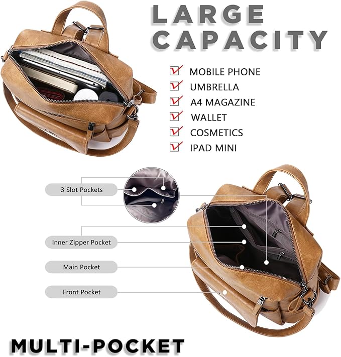 PU Leather Backpack Purse for Women Fashion Multipurpose Design Handbag Ladies Shoulder Bags Travel Backpack Camel