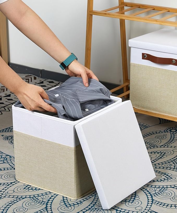 Temary Foldable Fabric Storage Bins with Lids, 2-Pack Storage Bin for Organizing Living Room, Closet Organization, Multi-Purpose Storage Boxes for Clothes (White&Khaki, 10.5x10.5x10.5in)