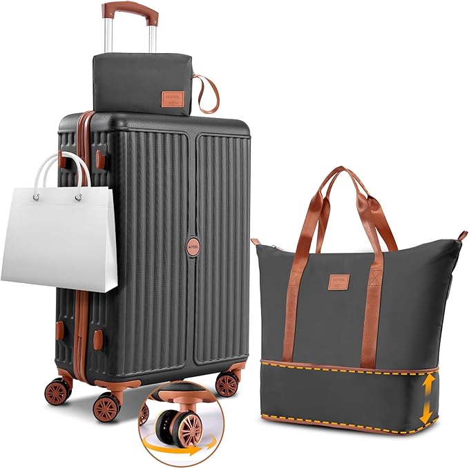 Hoteel 3 Piece Luggage Set with Spinner Wheels (4-YEAR WARRANTY), Carry on Luggage for Travel with TSA Lock, Hardshell ABS+PC Suitcase Set, 20" Suitcase + Expandable Duffel Bag + Cosmetic Bag(Black)