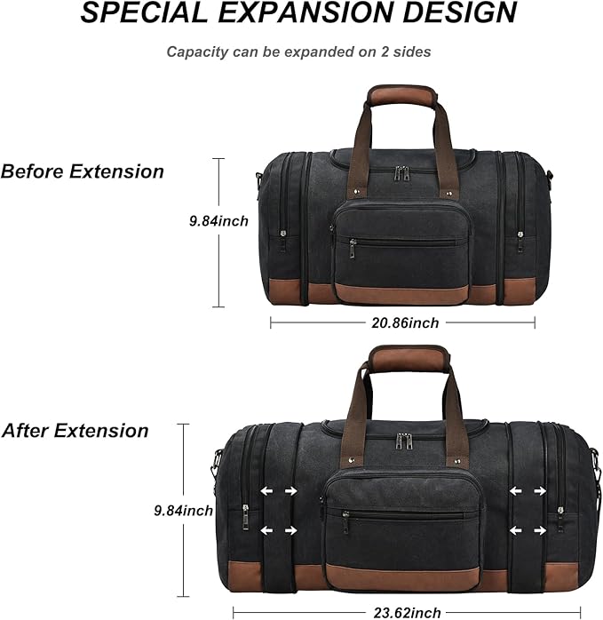Litvyak Duffle Bag for Travel, 50L Canvas Travel Duffel Bags Overnight Weekend Gym Carry On Luggage Bag for Men & Women(Black+Toiletry Bag)