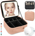 Travel Makeup Bag for Makeup Artists Large Makeup Case,with Mirror 3 Color Setting and Detachable 10x Magnifying Mirror Travel Makeup Bag,Portable Storage and Adjustable Dividers（khaki）