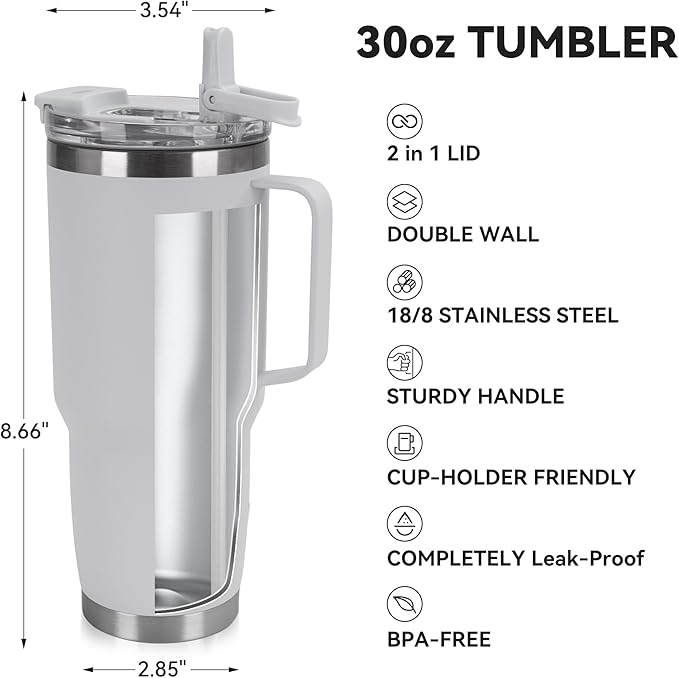30oz Tumbler with Handle, Insulated Leak Proof Coffee Travel Mug with Straw Lid Double Wall Stainless Steel Vacuum Tumblers Metal Cup Keep Hot and Iced Drink for Gym, Office, Camping, White 1 Pack