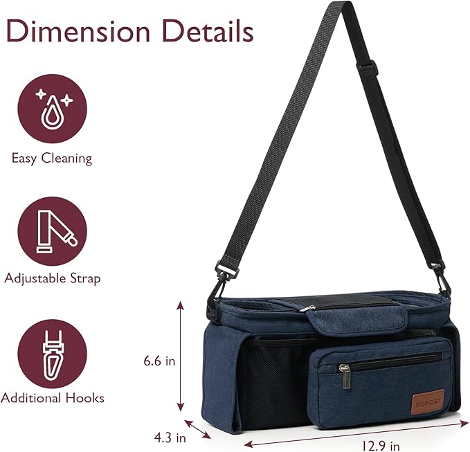 Momcozy Universal Baby Stroller Organizer, 2 Insulated Cup Holder, Detachable Zippered Pocket, Adjustable Shoulder Strap, Large capacity for baby essentials, Compact Design Fits Any Strollers